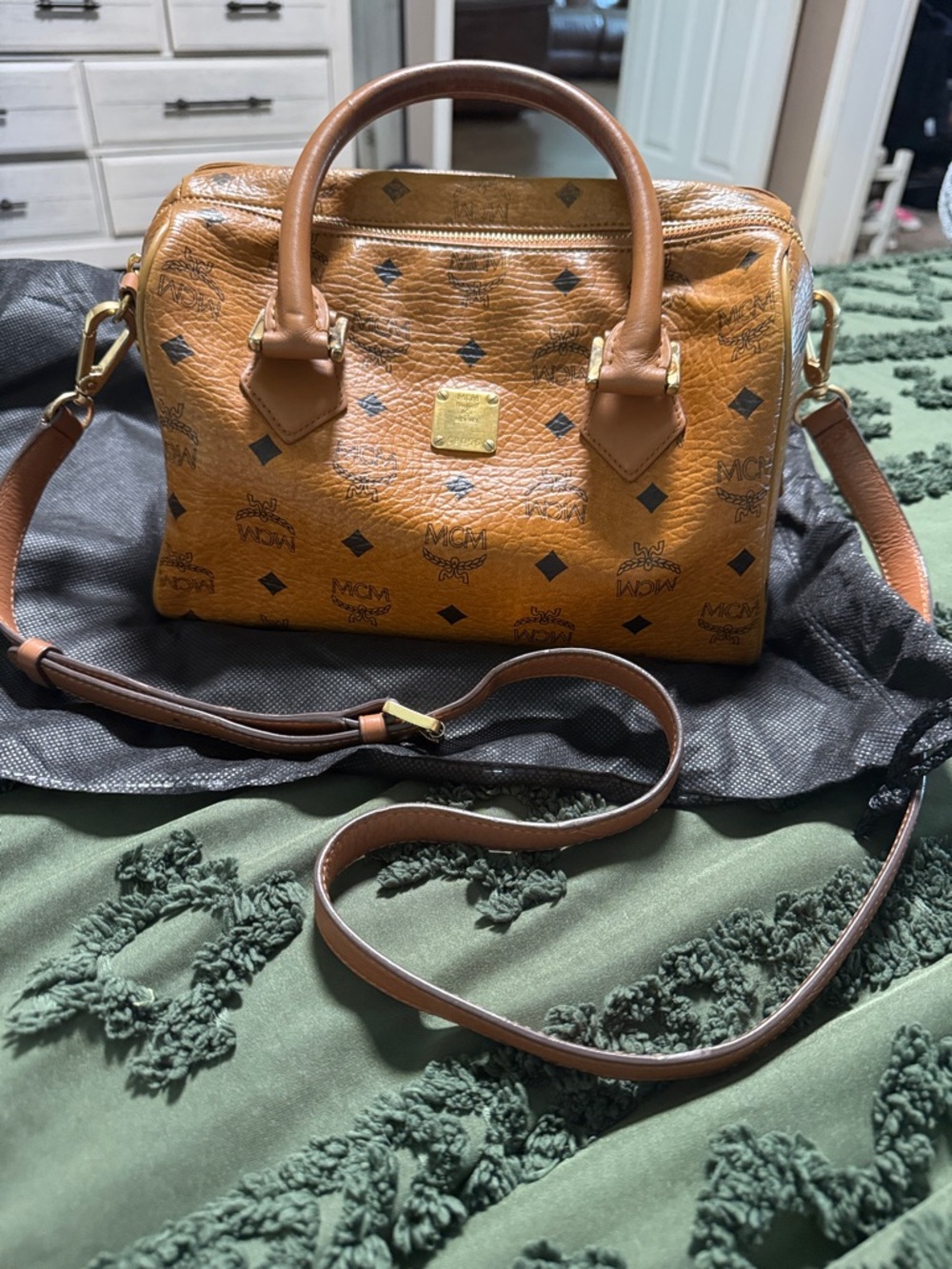 MCM Cognac Visetos Monogram Satchel with Gold Hardware